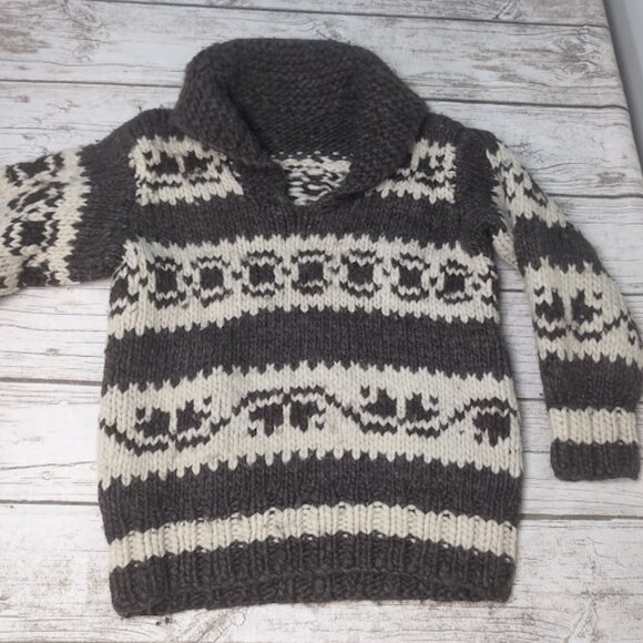VTG Cowichan Hand Knit Wool Shawl Pullover Sweater Chunky Brown 70s/80s - Picture 1 of 4